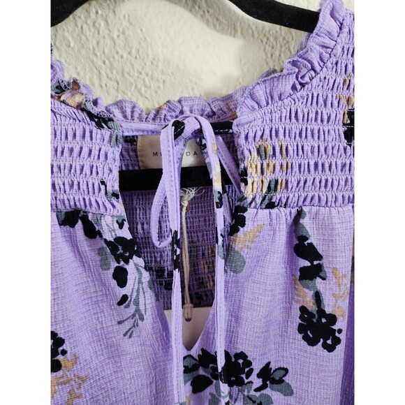 New Melloday Womens 2X Purple Floral Short Sleeve Tie Neck Smocked Blouse - Picture 2 of 7